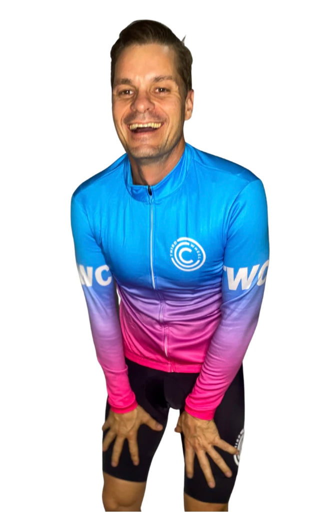 Check out the TWC Blue and Pink Fade Long Sleeve Jersey: Premium Comfort for Every Ride